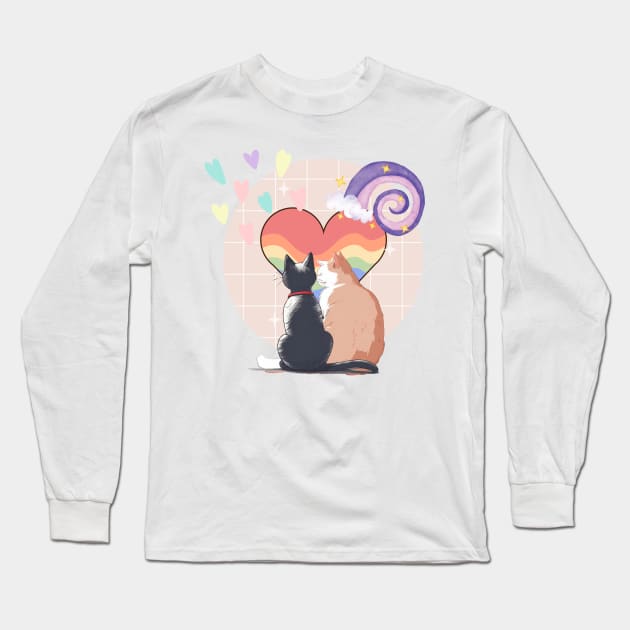 Couple cats and heart-shaped images in a soft watercolor atmosphere create a sweet mood. Long Sleeve T-Shirt by K-Kwan